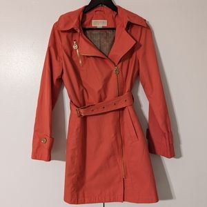 Michael Kors Women’s Full Zip Coral Trench Rain Coat Hooded Jacket Gold Logo MK